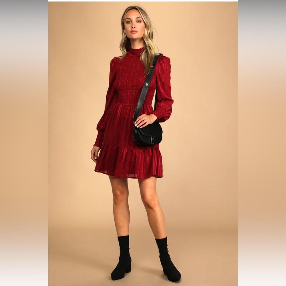 Lulus Heartful Romance Burgundy Striped Smocked Long Sleeve Mini Dress